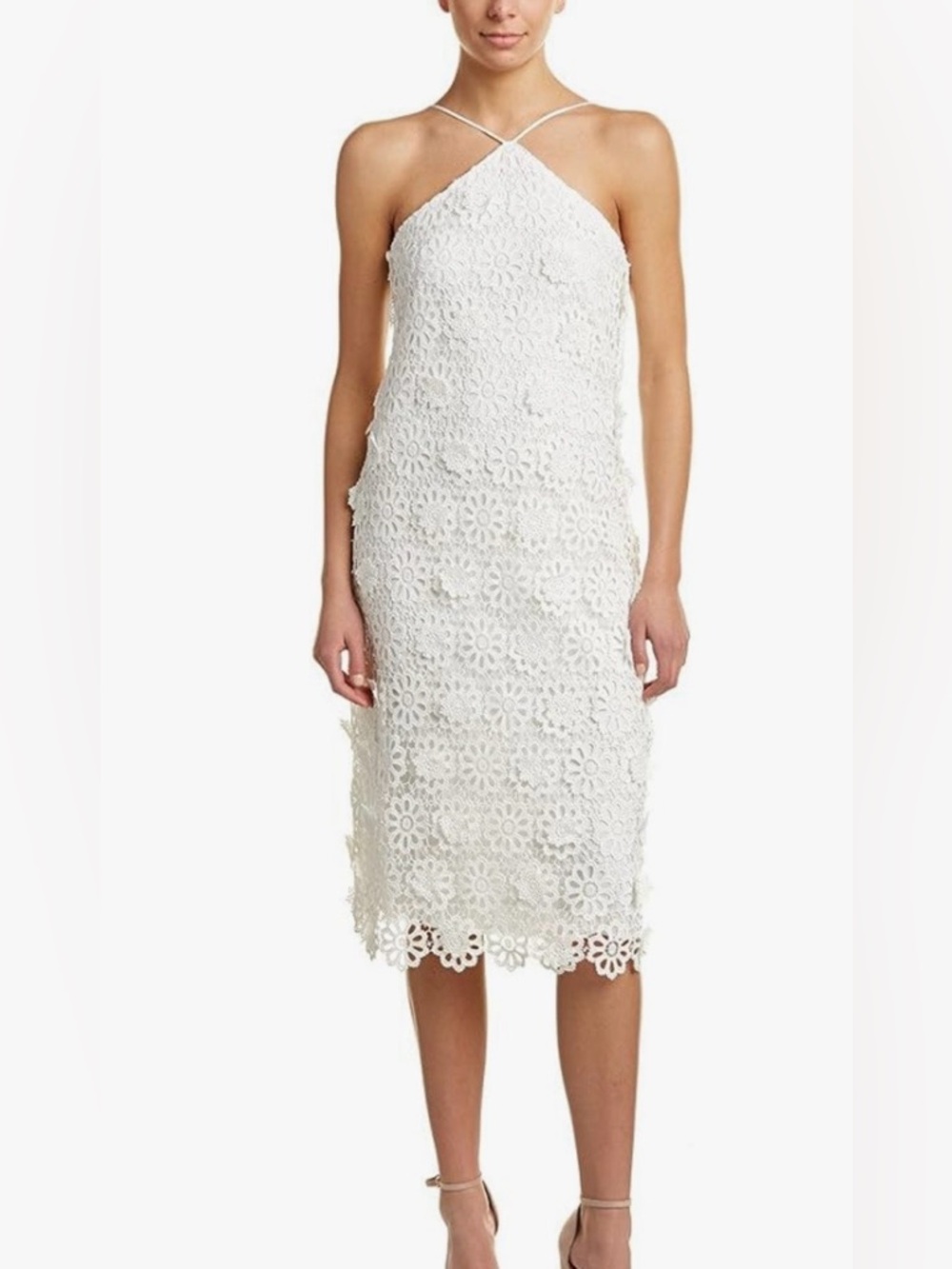 Trina Turk Conga La Flor Lace Midi Dress 0 White Floral Halter Crochet Sheath